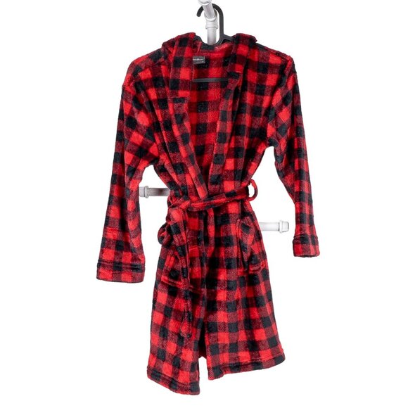 Eddie Bauer Other - Eddie Bauer Robe S 7 8 Youth Buffalo Plaid Red Black Fleece Boys Christmas Hood
